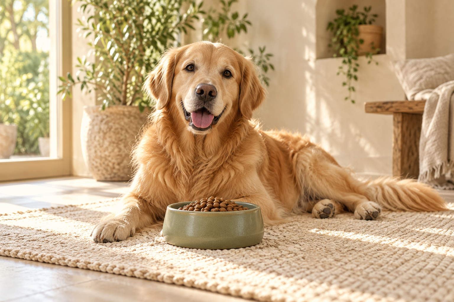 Golden retriever bij een voerbak in een zonnige kamer